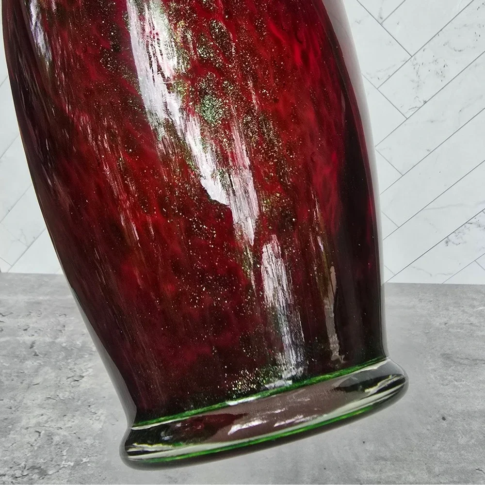 Hand Blown Double Handle Amphora Art Glass Vase Red Gold Green Aventurine 10in